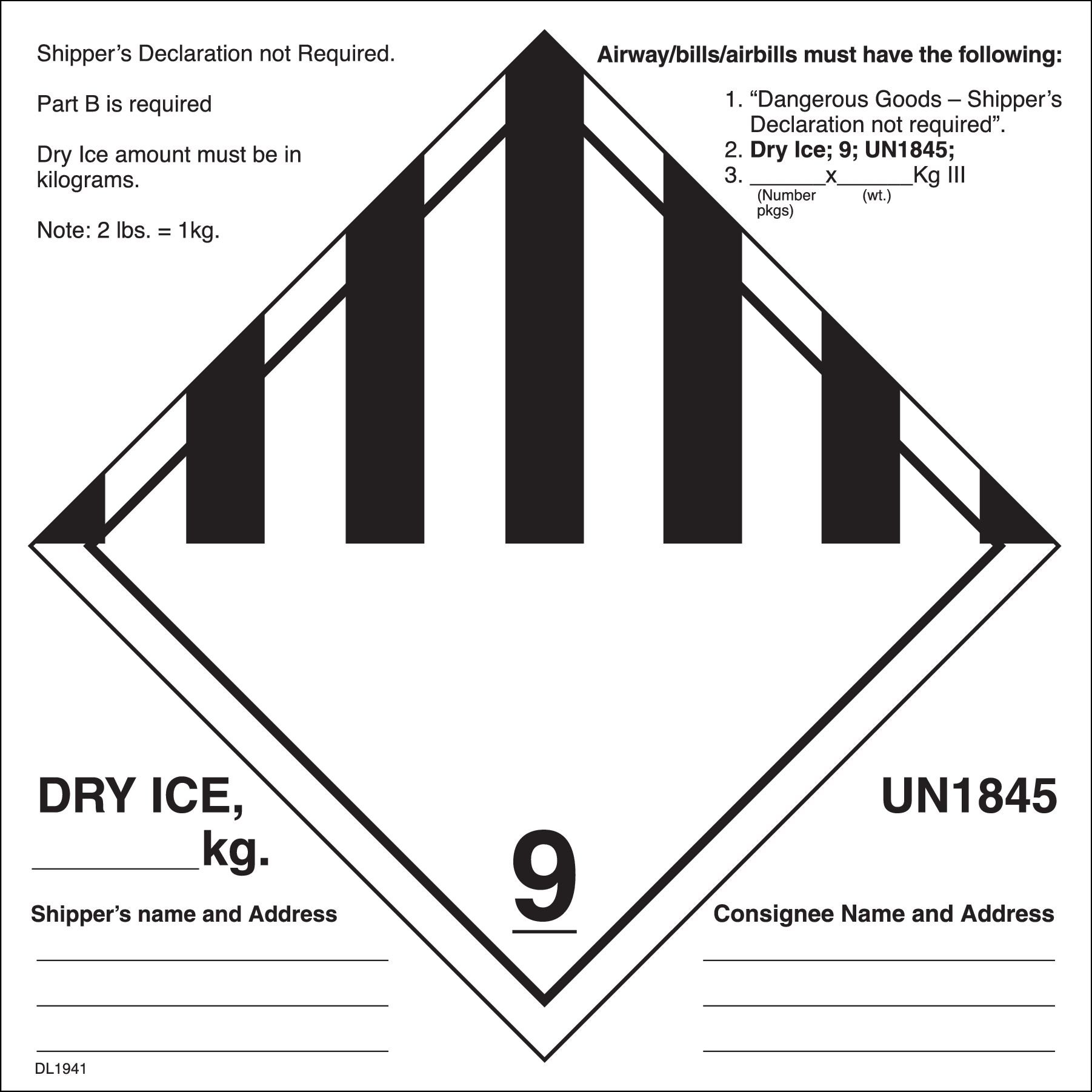 6" x 6" Dry Ice UN1845 Labels (500 per Roll)