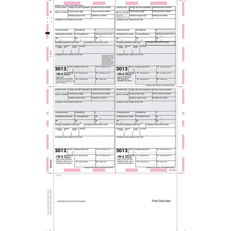 81/2" x 14" Printed EZ Fold W2 Tax Forms (Box of 500)
