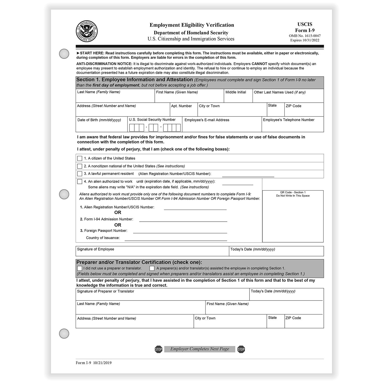i-9 employment eligibility verification 1-part paper forms (100