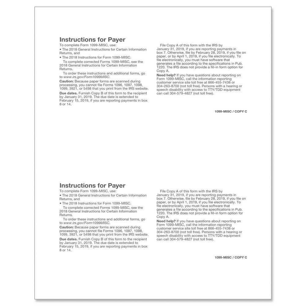 1099-MISC Miscellaneous Payer/State Copy C Cut Sheet (1,000 Forms/Ctn)
