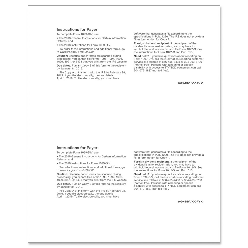1099-DIV Dividend Payer or State Copy C Cut Sheet (1,000 Forms/Ctn)