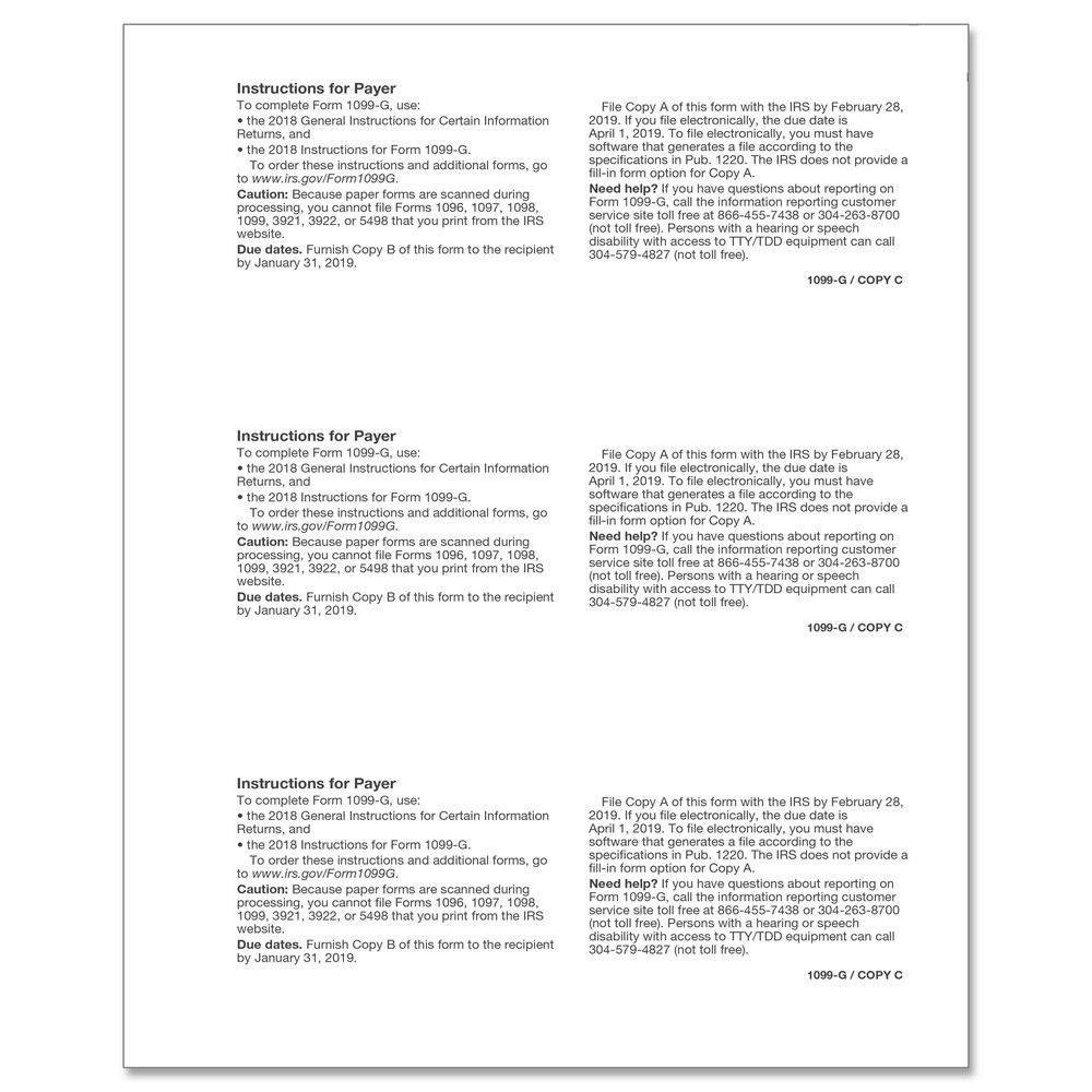1099-G Certain Government Payer or State Copy C Cut Sheet (100 Sheets/Pack)