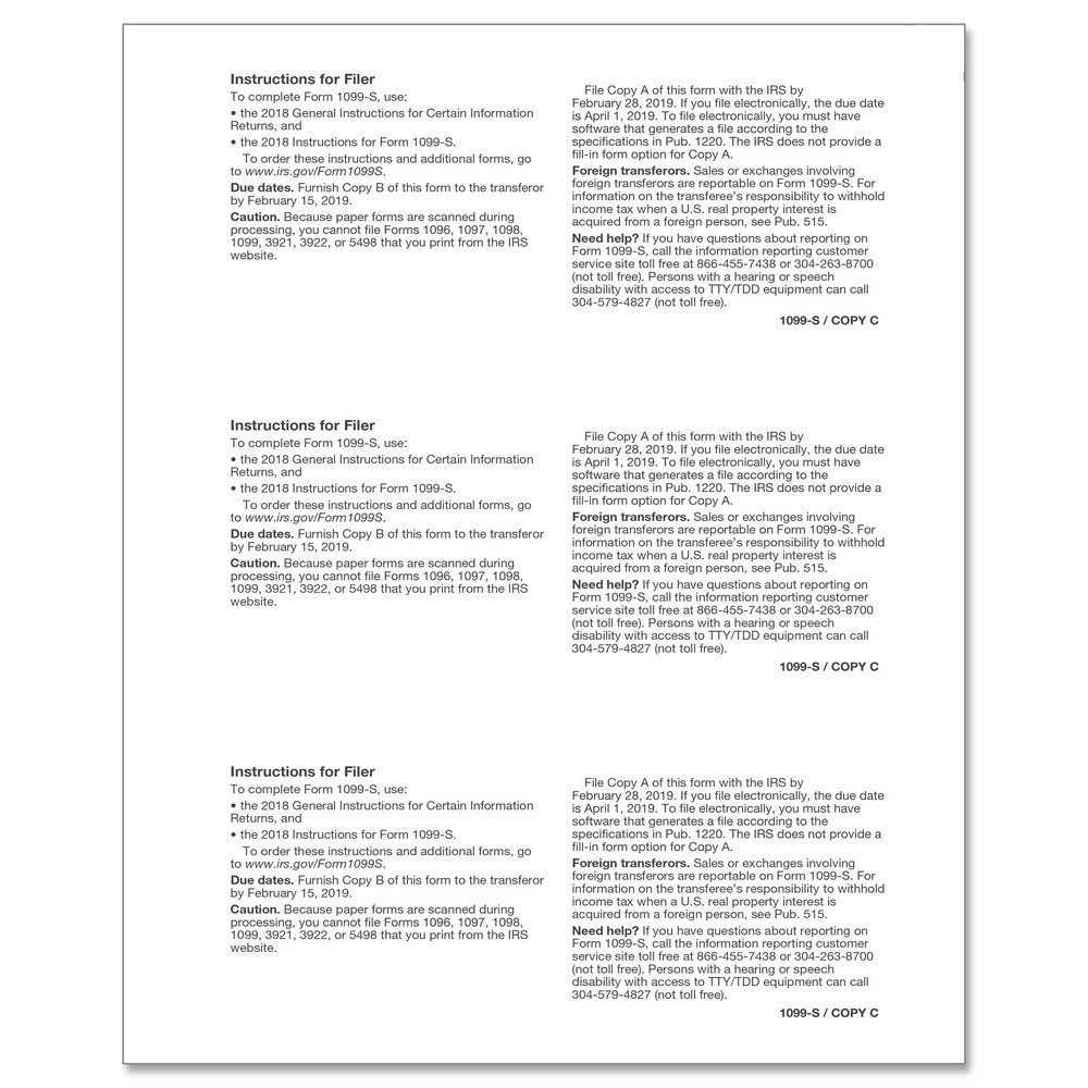 1099-S Proceeds from Real Estate Transactions Filer or State Copy C Cut  Sheet (100 Sheets/Pack)