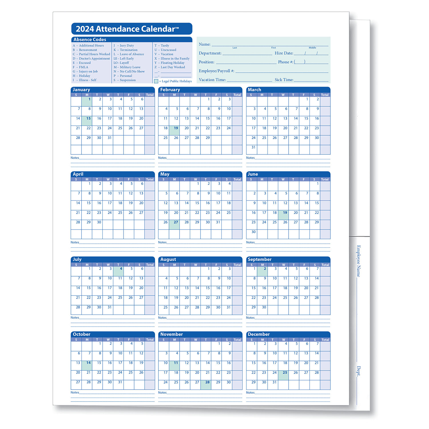 ComplyRight 2024 Attendance Calendar Folder, White, Pack of 25