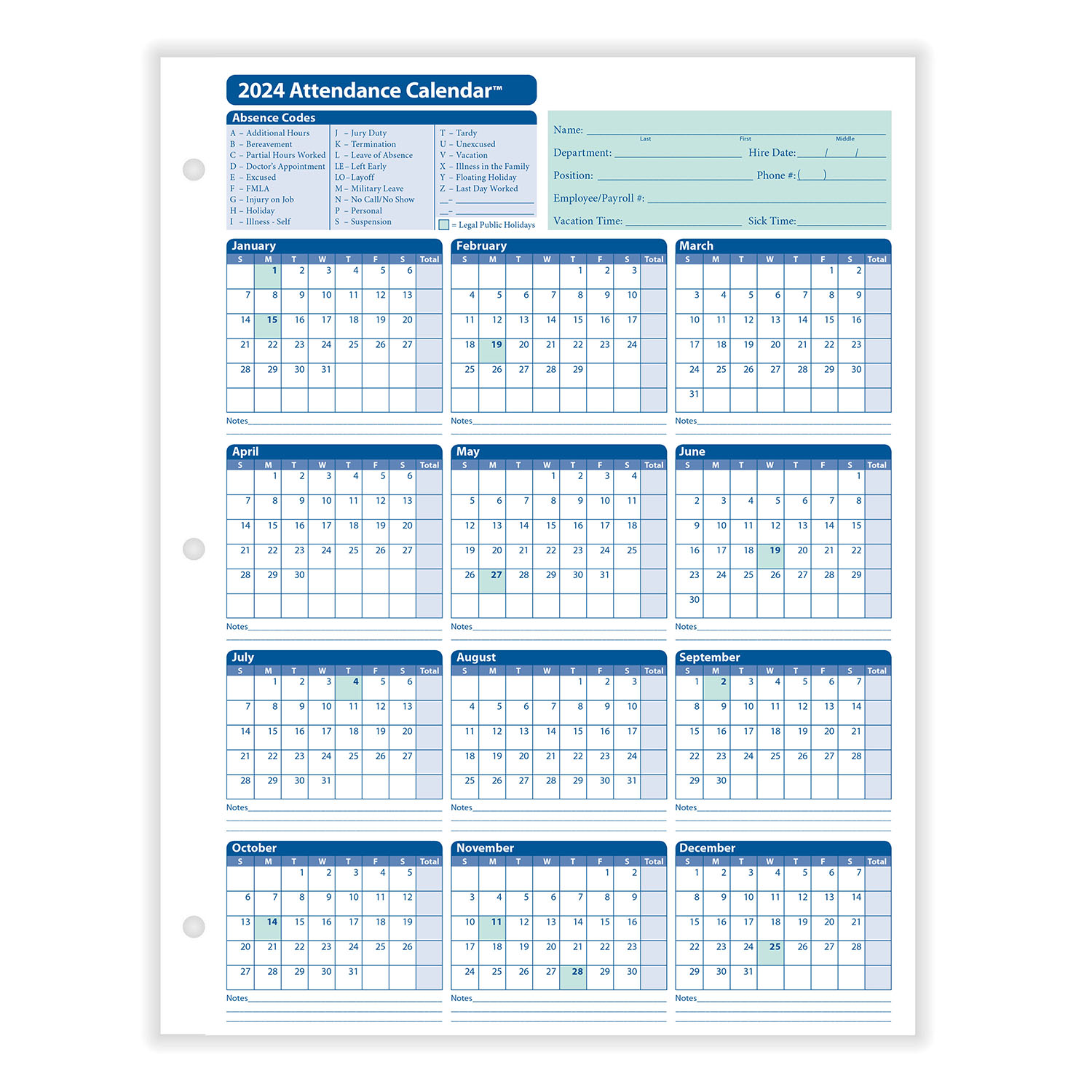 ComplyRight 2024 Attendance Calendar, White, 8-1/2" x 11" - 25 per Pack