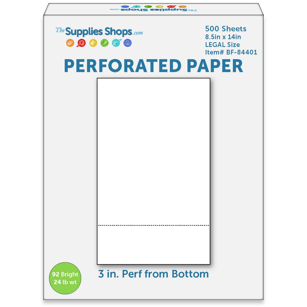Perforated Paper, 3" From Bottom, Horizontal on White 24# LEGAL Size Copy Paper (Ream of 500)