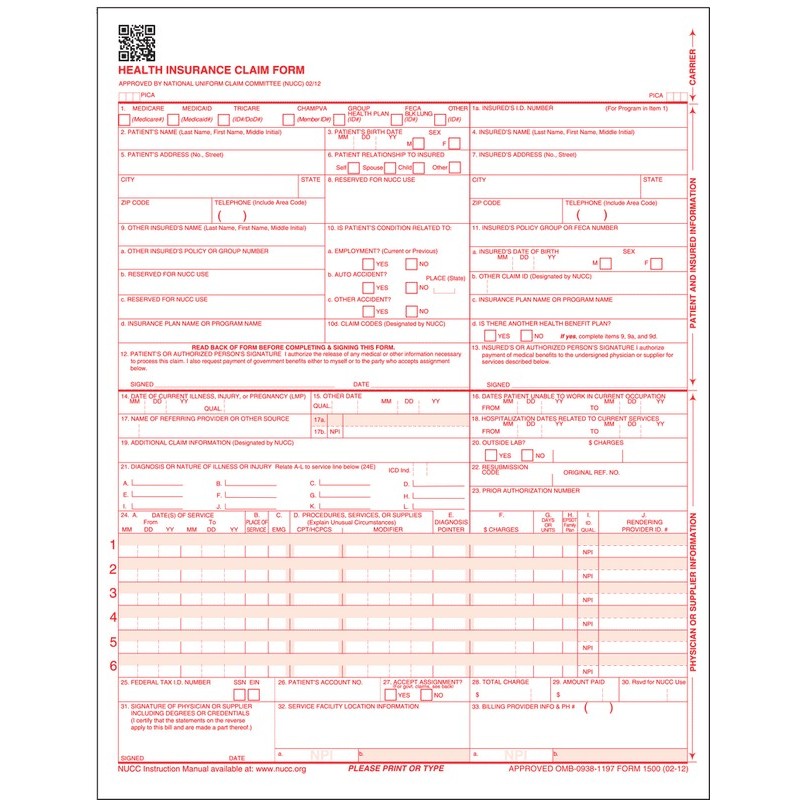CMS-1500 (02/12) Laser Cut Sheet (500/case)