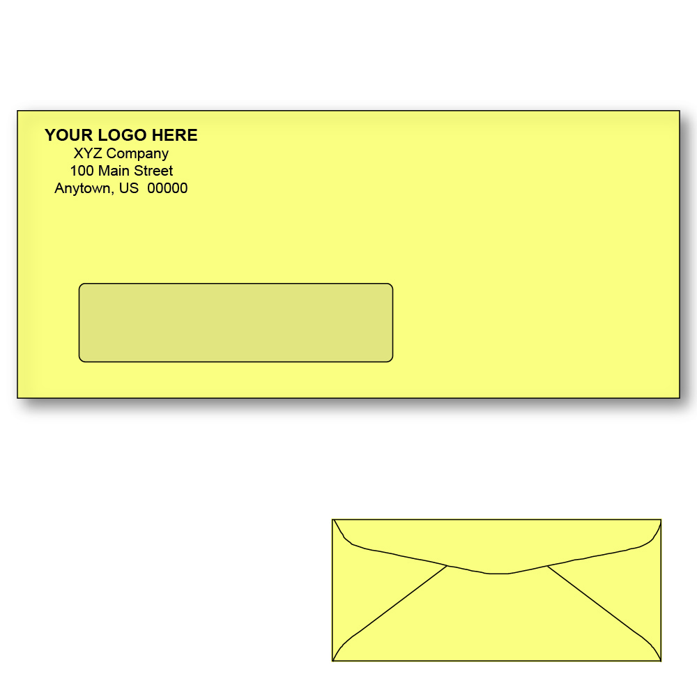 Custom Printed #10 Canary Window Envelopes, 4-1/8" x 9-1/2" Canary Wove, 24 lb, Standard Flap (Box of 500)
