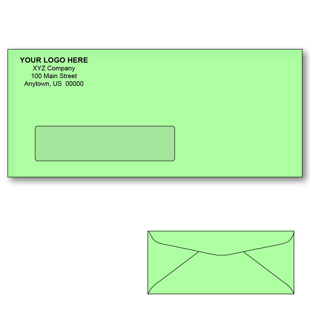 Custom Printed #10 Green Window Envelopes, 4-1/8" x 9-1/2" Green Wove, 24 lb, Standard Flap (Box of 500)