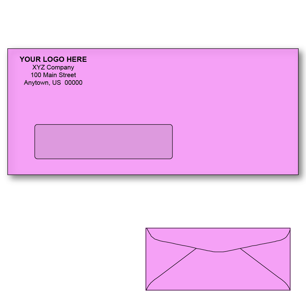 Custom Printed 10 Pink Window Envelopes, 41/8" x 91/2" Pink Wove, 24