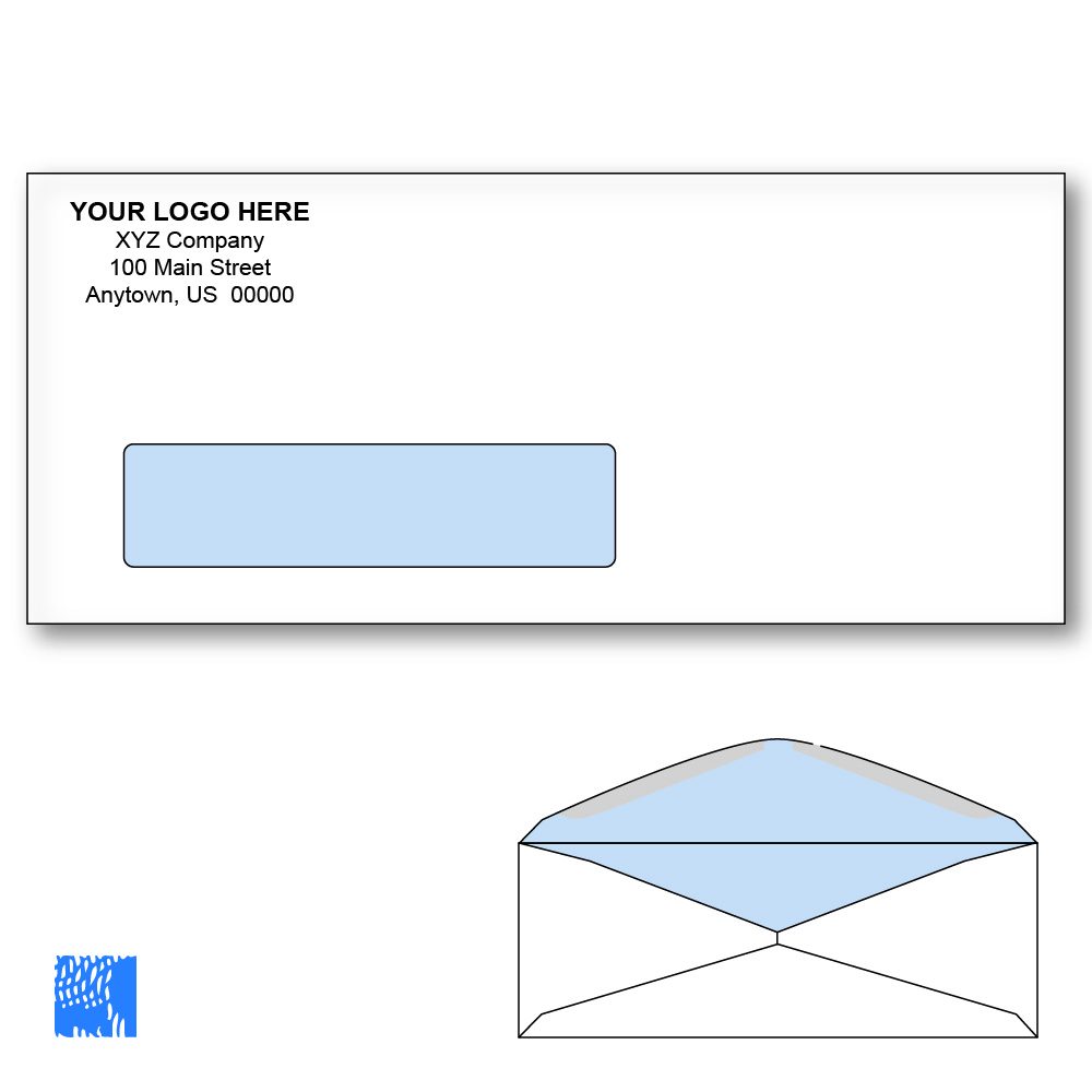 Custom Printed #10 Business Window Envelopes with Blue Tint, 4-1/8" x 9-1/2" White Wove, 24 lb, Standard Flap (Box of 500)