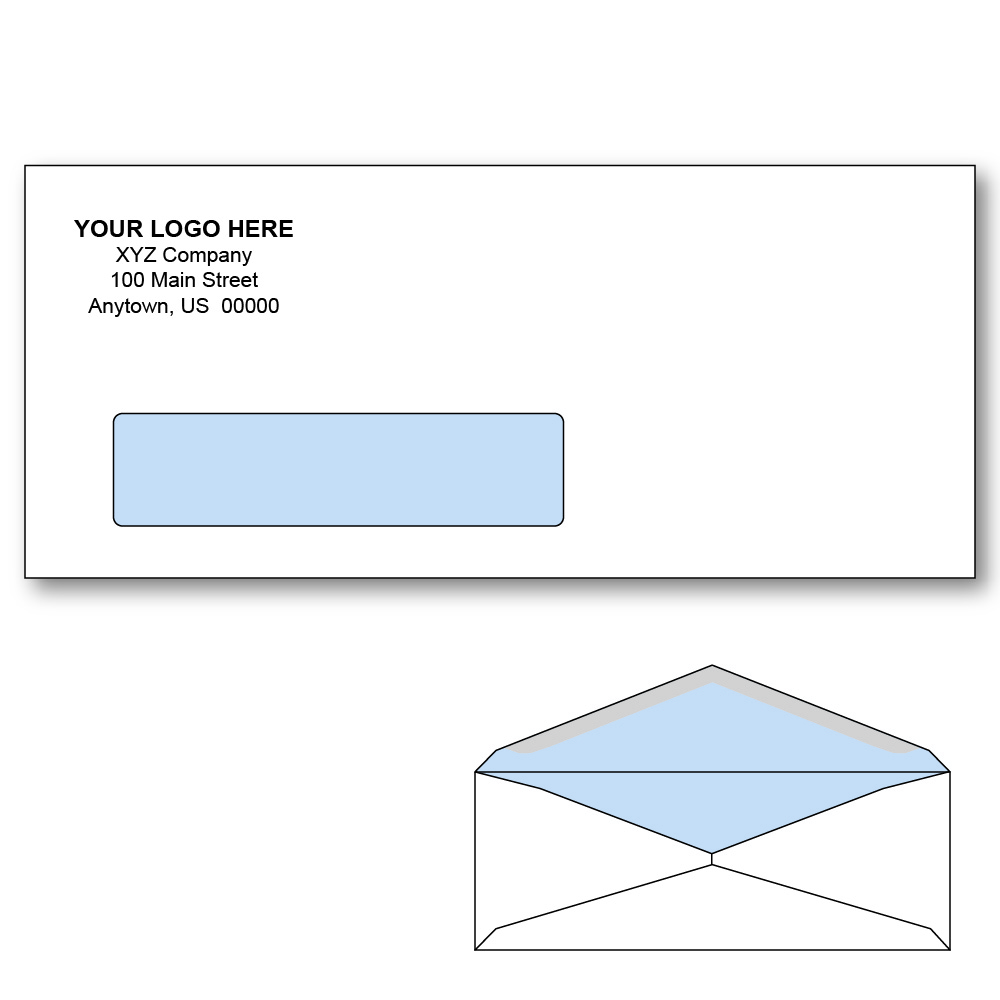 Custom Printed #10 Window Envelopes with Blue Tint, 4-1/8" x 9-1/2" White Wove, 24 lb, V Flap (Box of 1000)
