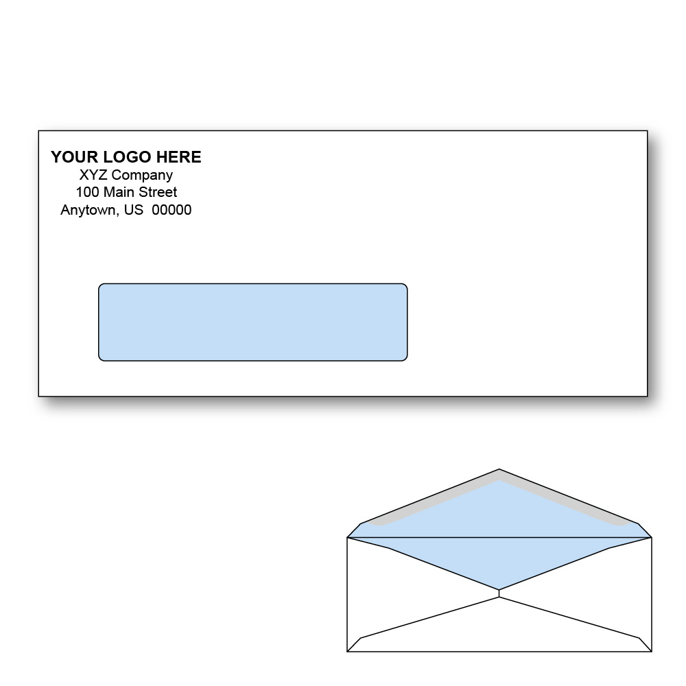 Custom Printed #9 Window Envelopes with Blue Tint, 3-7/8" x 8-7/8" White Wove, 24 lb, V Flap (Box of 1000)