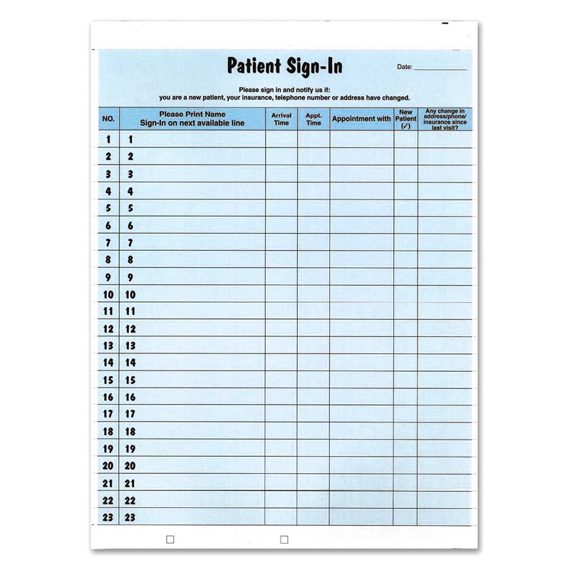Blue Confidential Patient Sign-In Label Forms, 8-1/2" x 11", 23 Peel Off Adhesive Sign In Lines (125 Forms per Pack)