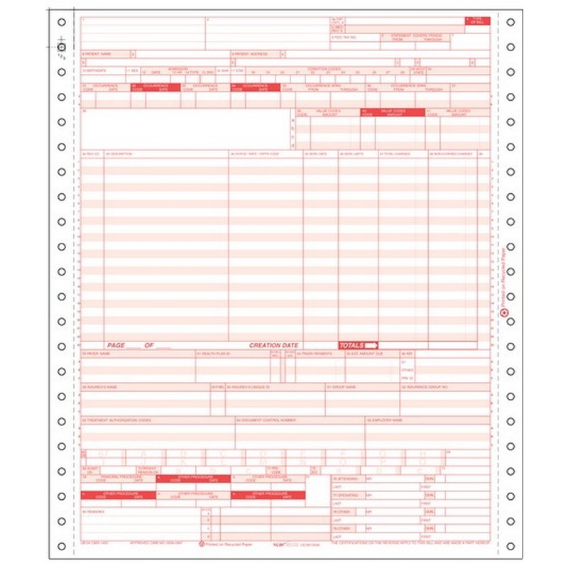 UB04 Hospital Claim Form 4Part Continuous (500/case)